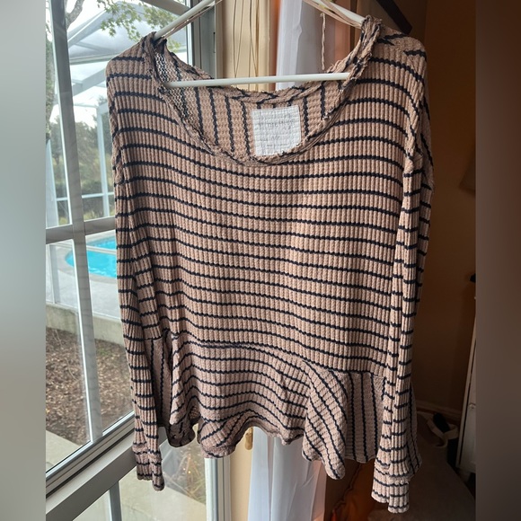 We the Free Thermal Tan Blue Striped Waffle Peplum Long Sleeve Top - Picture 3 of 6